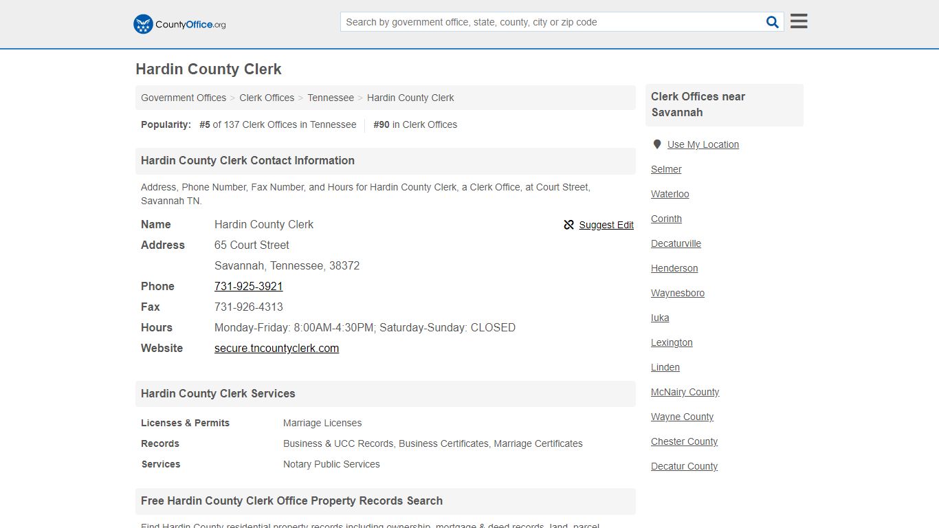 Hardin County Clerk - Savannah, TN (Address, Phone, Fax, and Hours)